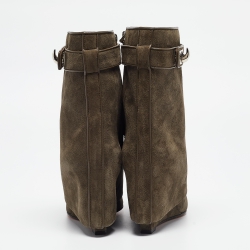 Givenchy Olive Green Suede Shark Lock Wedge Ankle Boots Size 37 