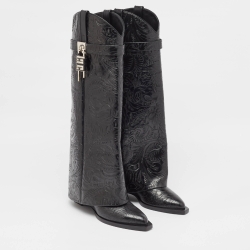 Pre Owned Givenchy Black Leather Shark Lock Cowboy Knee Length Boots Size 37