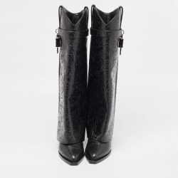 Pre Owned Givenchy Black Leather Shark Lock Cowboy Knee Length Boots Size 37