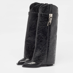 Pre Owned Givenchy Black Leather Shark Lock Cowboy Knee Length Boots Size 37