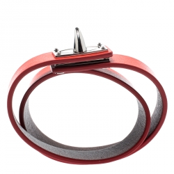 Pre Owned Givenchy Shark Tooth Orange Leather Silver Tone Double Wrap Bracelet 