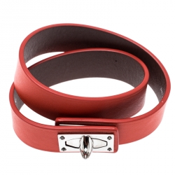 Pre Owned Givenchy Shark Tooth Orange Leather Silver Tone Double Wrap Bracelet 