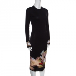 Pre Owned Givenchy Black Floral Printed Jersey Long Sleeve Bodycon Dress M