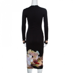 Pre Owned Givenchy Black Floral Printed Jersey Long Sleeve Bodycon Dress M