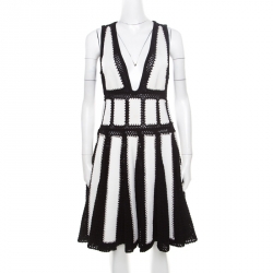 Pre Owned Givenchy Monochrome Open Knit Studded Plunge Neck Detail Paneled Dress S
