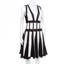 Pre Owned Givenchy Monochrome Open Knit Studded Plunge Neck Detail Paneled Dress S