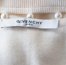 Pre Owned Givenchy Cream Cashmere Wool Faux Pearl Trim V Neck Sweater S
