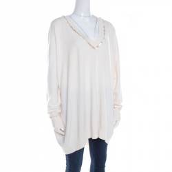 Pre Owned Givenchy Cream Cashmere Wool Faux Pearl Trim V Neck Sweater S