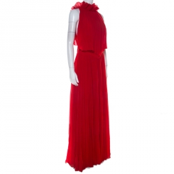 Pre Owned Givenchy Red Pleated Silk Cut Out Back Detail Evening Gown M