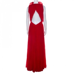 Pre Owned Givenchy Red Pleated Silk Cut Out Back Detail Evening Gown M