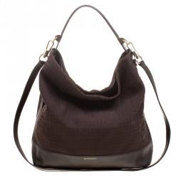 Pre Owned Givenchy Brown Canvas and Leather Large Logo Print Hobo
