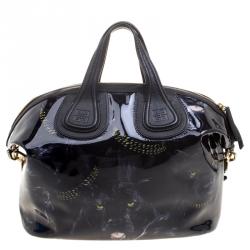 Pre Owned Givenchy Black Panther Print Patent Leather Medium Nightingale Tote