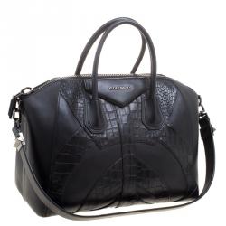 Pre Owned حقيبة جيفنشي أنتيغونا متوسطة حواف جلد نقش تمساح سوداء