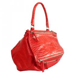 Pre Owned Givenchy Red Croc Leather Top Handle Bag