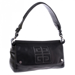 Pre Owned Givenchy Black Leather Logo Flap Shoulder Bag