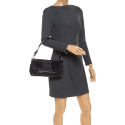 Pre Owned Givenchy Black Leather Logo Flap Shoulder Bag