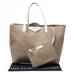 Pre Owned Givenchy Dark Beige Leather Antigona Shopper Tote with Pouch