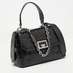 مملوكة مسبقًا Givenchy Black Croc Embossed Leather Small ID Flap Top Handle Bag