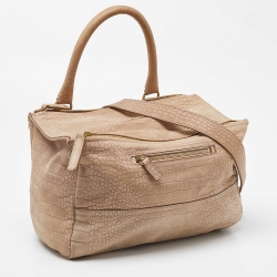 Givenchy Beige Nubuck Croc Embossed Leather Pandora Top Handle Bag