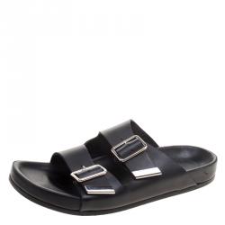 Givenchy Black Leather Buckle Detail Flat Slides Size 39