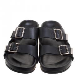 Givenchy Black Leather Buckle Detail Flat Slides Size 39