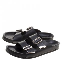 Givenchy Black Leather Buckle Detail Flat Slides Size 39
