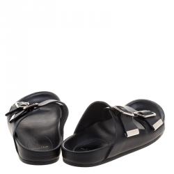 Givenchy Black Leather Buckle Detail Flat Slides Size 39