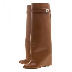 Pre Owned Givenchy Brown Leather Shark Lock Wedge Knee High Riding Boots Size 38