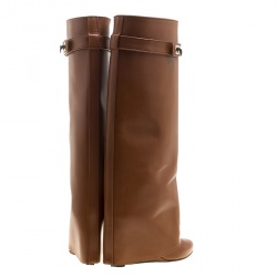 Pre Owned Givenchy Brown Leather Shark Lock Wedge Knee High Riding Boots Size 38