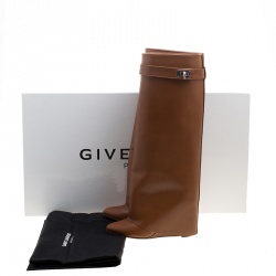 Pre Owned Givenchy Brown Leather Shark Lock Wedge Knee High Riding Boots Size 38