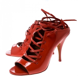 Givenchy Coral Red Patent Leather Lace Up Backless Mule Sandals Size 40