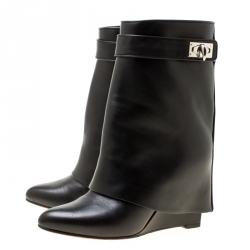 Givenchy Black Leather Shark Lock Wedge Ankle Boots Size 36.5