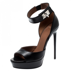 Pre Owned صندل جيفنشي مقدمة مفتوحة نعل سميك سيور كاحل أسنان قرش جلد أسود مقاس 38