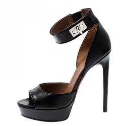 Pre Owned صندل جيفنشي مقدمة مفتوحة نعل سميك سيور كاحل أسنان قرش جلد أسود مقاس 38