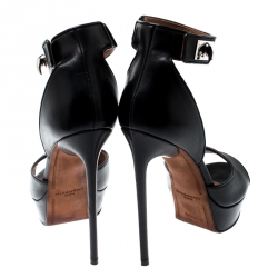 Pre Owned صندل جيفنشي مقدمة مفتوحة نعل سميك سيور كاحل أسنان قرش جلد أسود مقاس 38