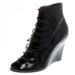 Givenchy Black Leather Wedge Heel Open Toe Ankle Boots Size 39.5