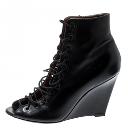 Givenchy Black Leather Wedge Heel Open Toe Ankle Boots Size 39.5