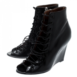 Givenchy Black Leather Wedge Heel Open Toe Ankle Boots Size 39.5