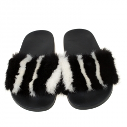 Pre Owned Givenchy Black/White Mink Fur Flat Slides Size 39