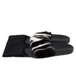 Pre Owned Givenchy Black/White Mink Fur Flat Slides Size 39