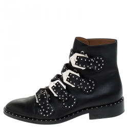 Pre Owned Givenchy Black Leather Studded Buckle Detail Ankle Boots Size 38