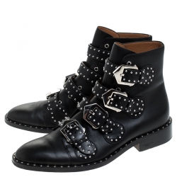 Pre Owned Givenchy Black Leather Studded Buckle Detail Ankle Boots Size 38