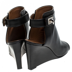 Pre Owned Givenchy Black Leather Shark Lock Wedge Ankle Strap Sandals Size 39