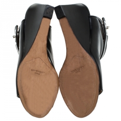 Pre Owned Givenchy Black Leather Shark Lock Wedge Ankle Strap Sandals Size 39