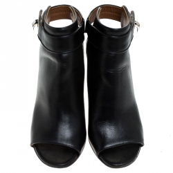 Pre Owned Givenchy Black Leather Shark Lock Wedge Ankle Strap Sandals Size 39