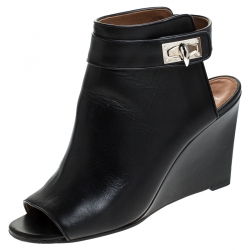 Pre Owned Givenchy Black Leather Shark Lock Wedge Ankle Strap Sandals Size 39