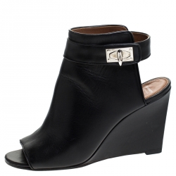 Pre Owned Givenchy Black Leather Shark Lock Wedge Ankle Strap Sandals Size 39