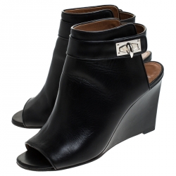 Pre Owned Givenchy Black Leather Shark Lock Wedge Ankle Strap Sandals Size 39