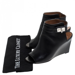 Pre Owned Givenchy Black Leather Shark Lock Wedge Ankle Strap Sandals Size 39