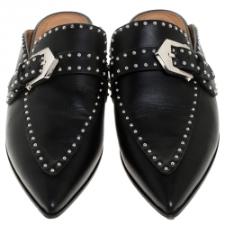 Pre Owned Givenchy Black Studded Leather Buckle Logo Detail Flat Mules Size 39